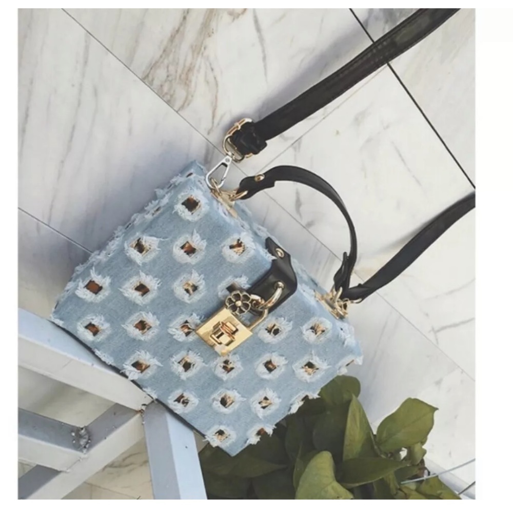 Denim Purse Handbag Ripped Jeans Flower Lock Bag Womens Fashion distressed